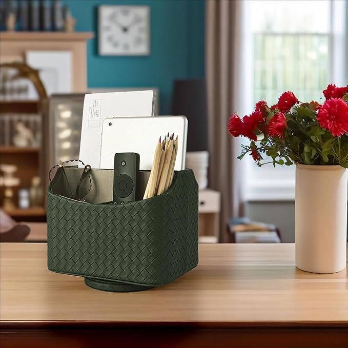 UnionBasic Rotating Desk Organizer, 360 Degree Desk Spinning Caddy, Desktop TV Guide/Mail/Media/Remote Controller Holder Organizer, Woven Green