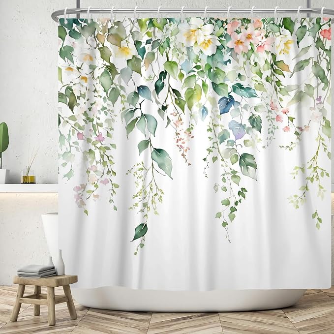 Sage Green Eucalyptus Shower Curtain Watercolor Botanical Floral Leaves Shower Curtain Set Spring Nature Bathroom Decor with 12 Hooks,72x72 Inches