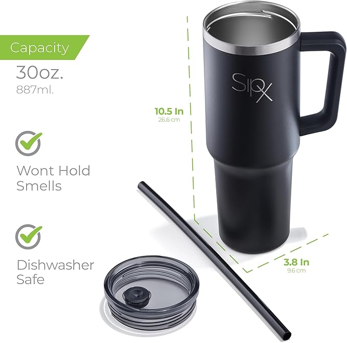 SIPX™ 30 oz Insulated Tumbler with Handle & Straw – Vacuum Insulated Stainless Steel, Leakproof, Cupholder Friendly – Perfect for Iced Coffee, Water & Travel – Black