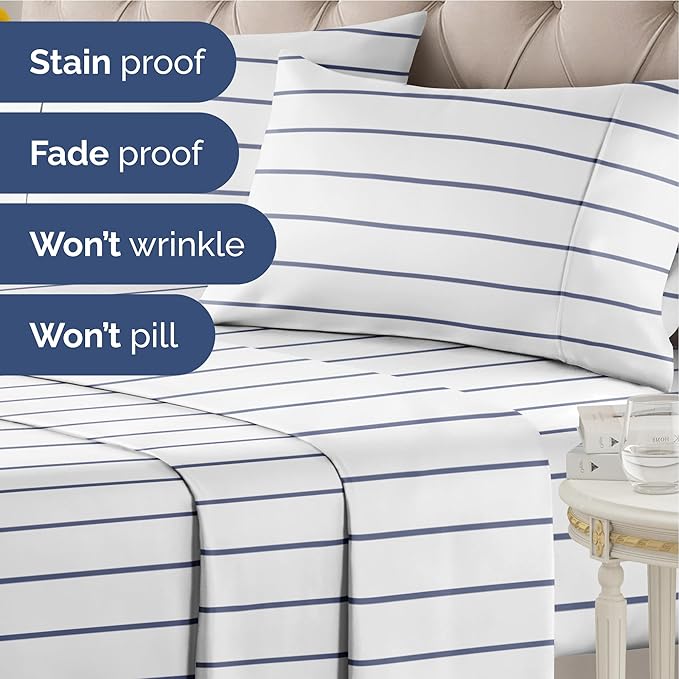 Striped Sheets - Navy Blue & White Striped Sheets - 1 Flat & 1 Fitted & 2 Pillowcases w/ Deep Pockets – Wrinkle & Fade Free - Soft, Breathable & Cooling – Luxury Pinstripe Bedding - King Size Bed Set