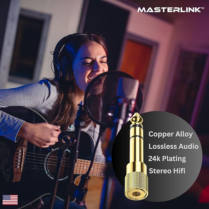 MASTERLINK 1/8” (1/4 inch) Male to 3.5mm (1/8 inch) Female Stereo Audio Jack Adapter for Aux Cable, Guitar Amplifier, Headphone, 2 Pack