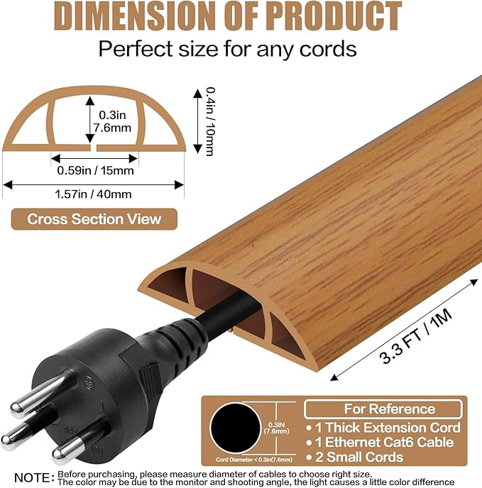Floor Cord Cover Self Adhesive Cord Hider,3.3FT Cable Management, Extension Strip Protector for Wires, Prevent Cable Trips for Offices, Gyms, Exhibitions Cavity:0.51"(W) x 0.3"(H) Brown Wood