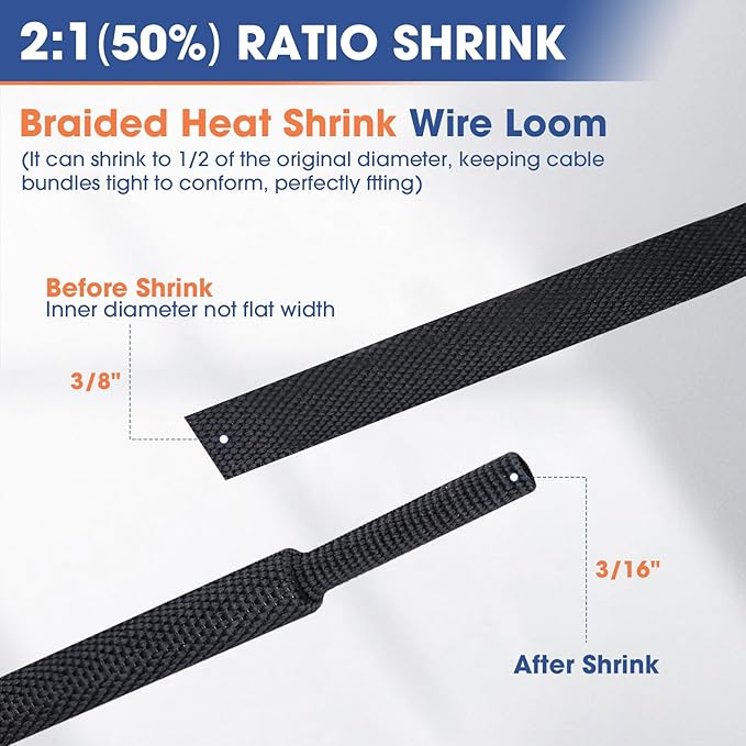FOURUB 2:1 Heat shrinkable Braided Sleeving Fabric Wire Loom High Temp Heat Shrink Wiring Harness Abrasion Protector Cable Sleeve(3/8"-48ft)
