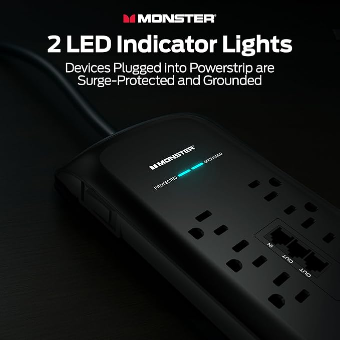 Monster Power Surge Protector w/ 4050 Joule Rating — Heavy Duty 6 FT Surge Protector Power Strip w/ 10 Outlets, 2 USB, 2 Coax, 2 Ethernet Ports — Fireproof MOV, Dual Mode, Clean Tech (Black)