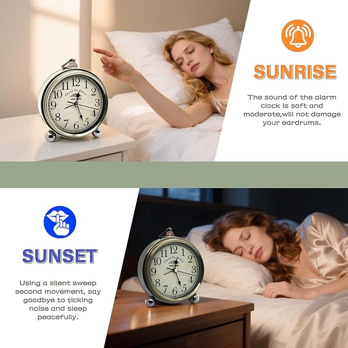Oxmidud 5'' Retro Vintage Metal Desk Alarm Clock - Non-Ticking Silent Analog Table Clocks - Battery Operated Quartz Clock for Bedside Desk Table Bedrooms Living Room Home Office Decor
