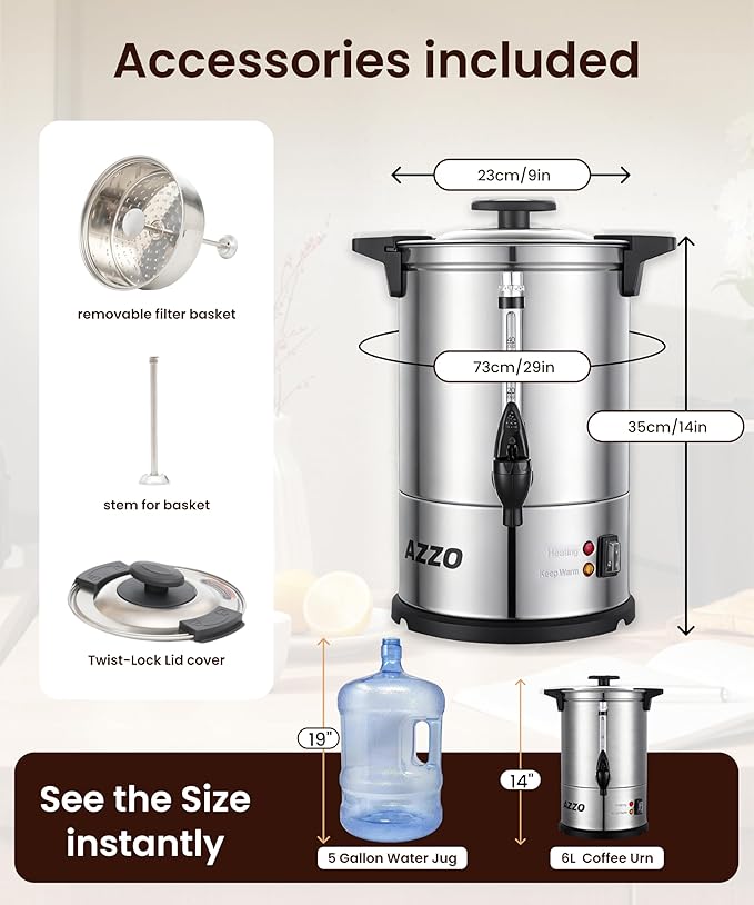 Commercial Coffee Maker 40-Cup Large Coffee Urn with Percolator Coffee Pot Electric 6L Stainless Steel Fast Brew Hot Water Dispenser for Tea Catering Events Home Office Easy Cleaning