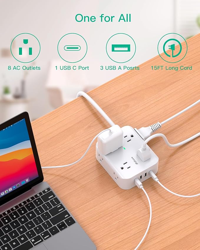 15FT Power Strip Surge Protector - 8 Outlets and 4 USB Ports, Heavy-Duty Braided Extension Cord, Flat Plug, 15A Circuit Breaker, Charging Station Overload Protection