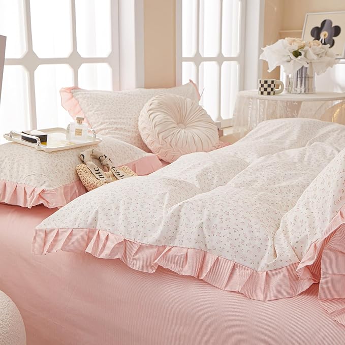 Pink Floral Duvet Cover Queen Chic Flower Print Ruffle Duvet Cover Cotton Lace Comforter Cover Country Style Floral Bedding Set Girls Ruffle Comforter Cover Flower Queen Duvet Cover with 2 Pillowcases