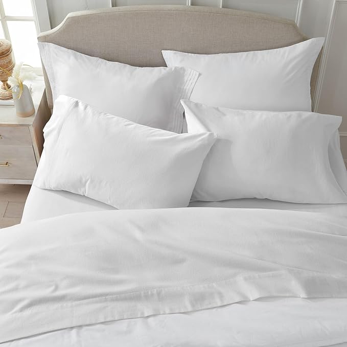 Market & Place 100% Cotton Queen Flannel Sheet Set | 4 Piece Deep Pocket Solid Cozy Winter Bed Sheets | Double Brushed for Extra Softness & Comfort | Chalet Collection (Queen, White)