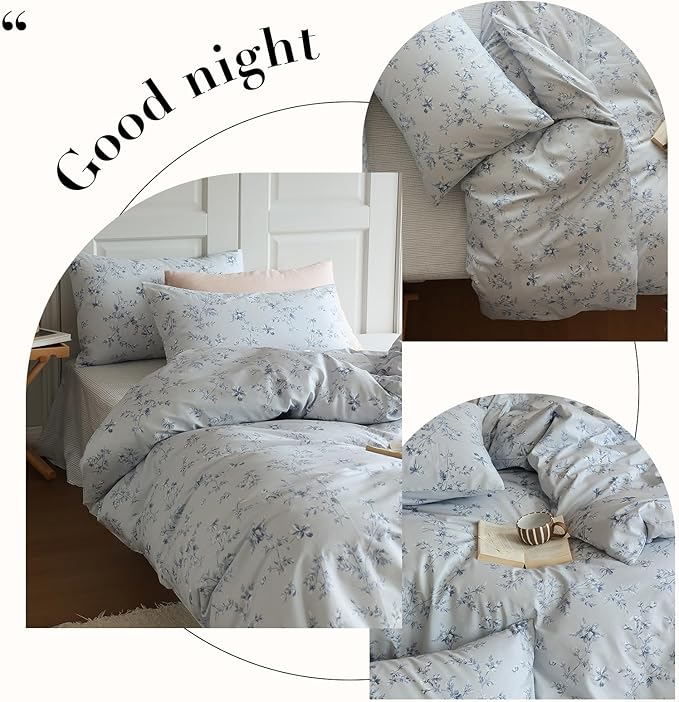 LifeTB 3 Pieces Duvet Cover Twin XL Blue Floral Print Duvet Cover Coquette Bedding Set Vintage Flower Duvet Cover Soft Cotton Comforter Cover Boho Cottagecore Duvet Cover with Zipper Closure