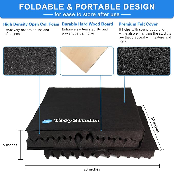 TroyStudio Large Microphone Isolation Shield, Foldable Vocal Booth Reflection Filter, 2 Inches Thick Acoustic Foam Panel Music Sing Podcast Recording Studio Adjustable Sound Box for Desk & Laptop