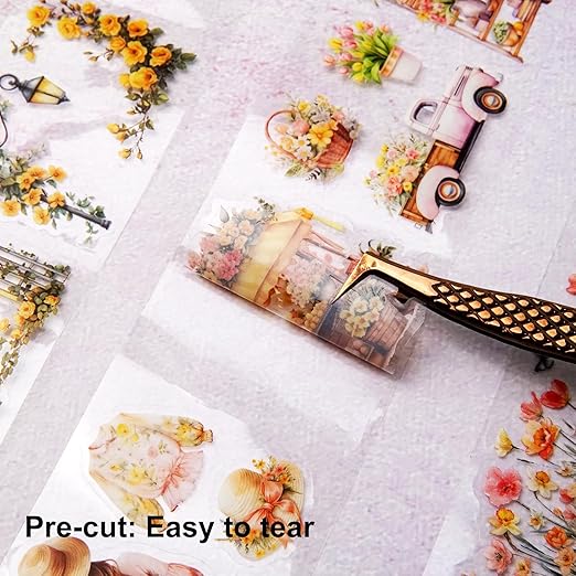 AuriicLeaf Floral Sea PET Tape Set, 3 Rolls Pre-Cut Botanical Stickers for Scrapbooking, Journaling, DIY Crafts, and Collage Art (30 mm/50 mm/55 mm)
