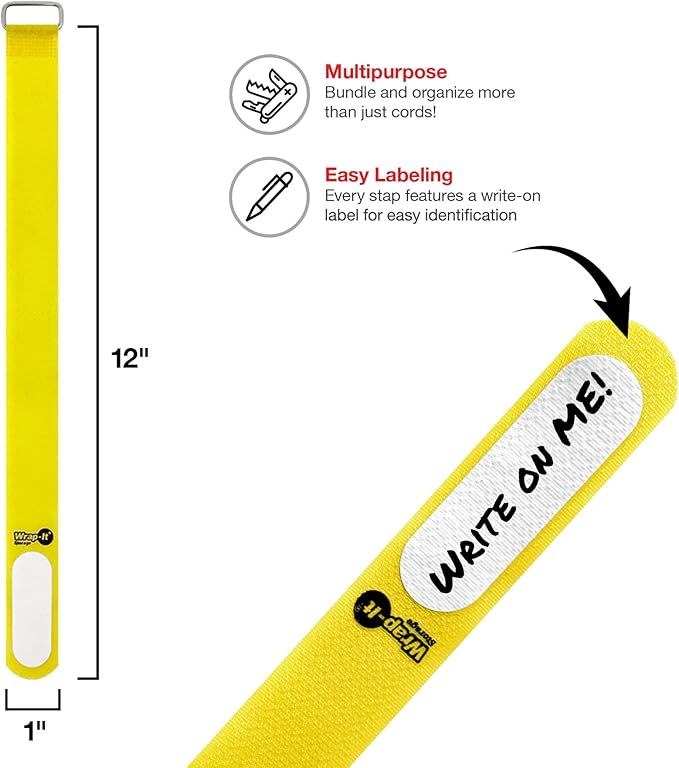 Wrap-It Storage Cinch-Straps, 12" 16 Pack (Yellow), Features Metal Buckle and Label for Cord Identification, Reusable Multi-Purpose Securing Cable Straps, Cord Wrap, Cord Organizers