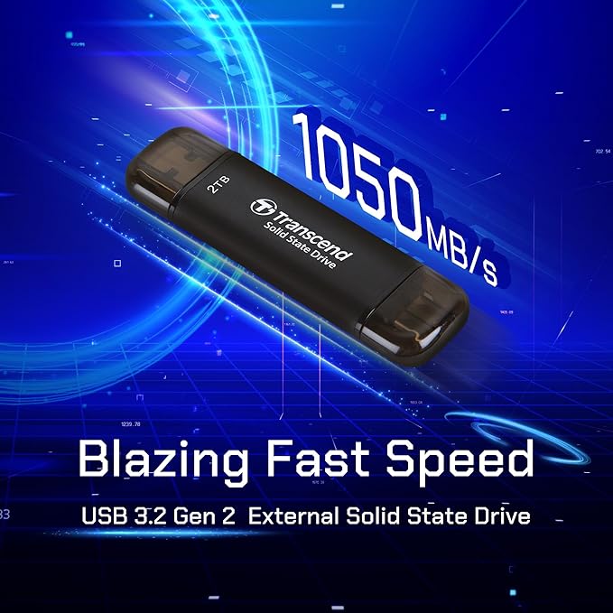 Transcend ESD310 2TB External SSD, Up to 1,050MB/s, Dual USB Drive for iPhone17,16,15, iPad&Mac/Pixel10/Tesla/Steam Deck/ROG Ally/MSI Claw/Android/PS5, 2-in-1 Type C &A, USB 3.2 Gen2 Portable SSD