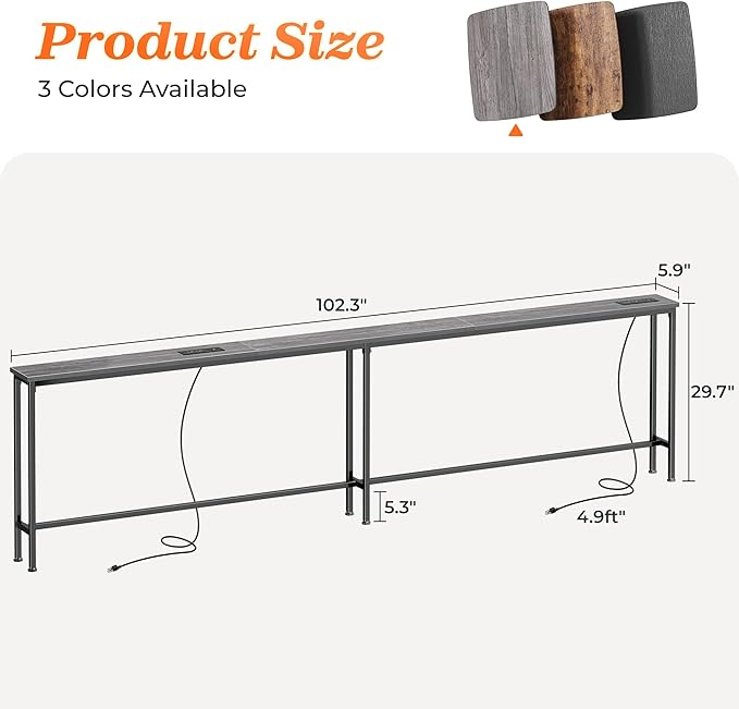 SUPERJARE 102 Inch Sofa Table with 2 Power Outlets and USB-C Ports, 5.9 Inch Narrow Console Table with Storage, Extra-Long, for Entryway Hallway Couch Behind Sofa, Small Spaces, Living Room, Grey
