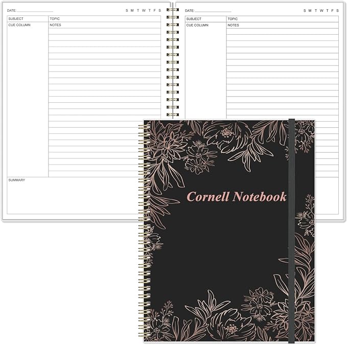 Yaridar A4 Cornell Notes Notebook - 8.5" x 11" College Spiral Cornell Notebooks for Note Taking, Subject College Ruled Steno Pads for Office School/Home, Black Flower