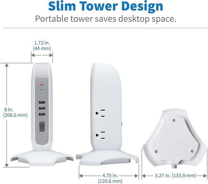 Tripp Lite TLP66USB Surge Protector Tower with USB Ports, 1200 Joules, 5-Outlets, 3 USB Ports, 6ft Heavy-Duty Braided Extension Cord, Desk Charging Tower, Dorm Essentials, Tower Power Strip with Surge