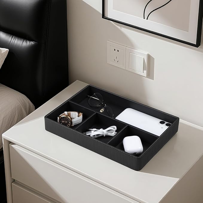 NICLNGSH PU Leather Valet Tray, Decorative Trinket Vanity Desk Drawer Organizer Tray, Perfume Dish Catch All Bowl for Keys, Nightstand Drawer Organizer Women Men with 4 Compartments (Black)