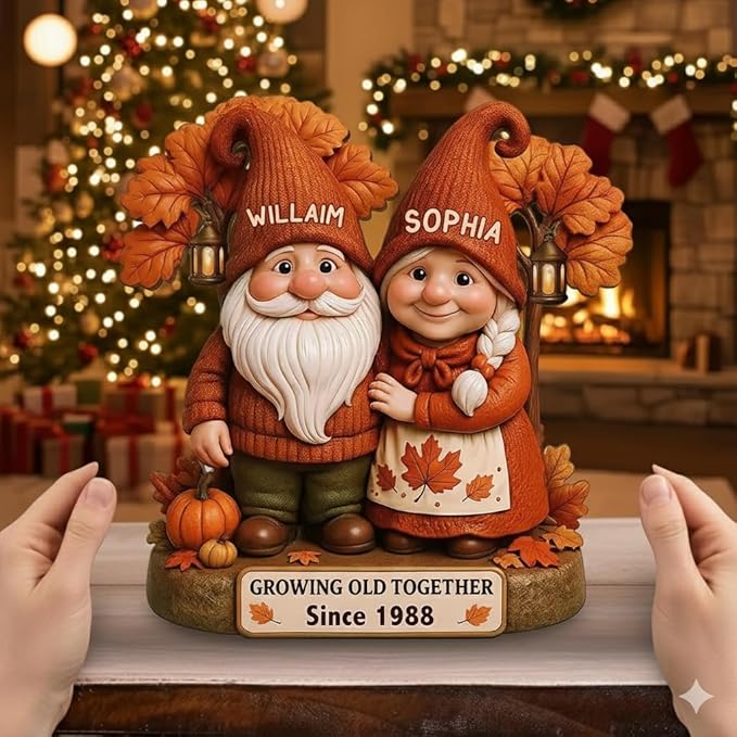 Personalized Gnome Couple Figurine, Growing Old Together Since 1988, Custom Autumn Decoration, Unique Fall for Couple, Engraved Family Ornament for Parents and Grandparents
