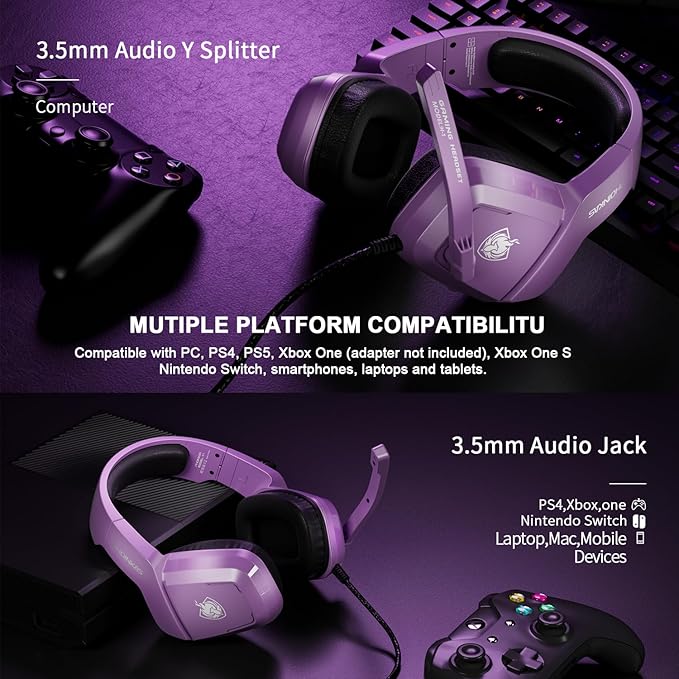 PHOINIKAS Gaming Headset for PS4, PS5, PC, Laptop, Stereo Over Ear Gaming Headphones with Noise-Canceling Mic, Gaming Headsets for XboxOne, Switch, Laptop, Mac, Phone (Purple)