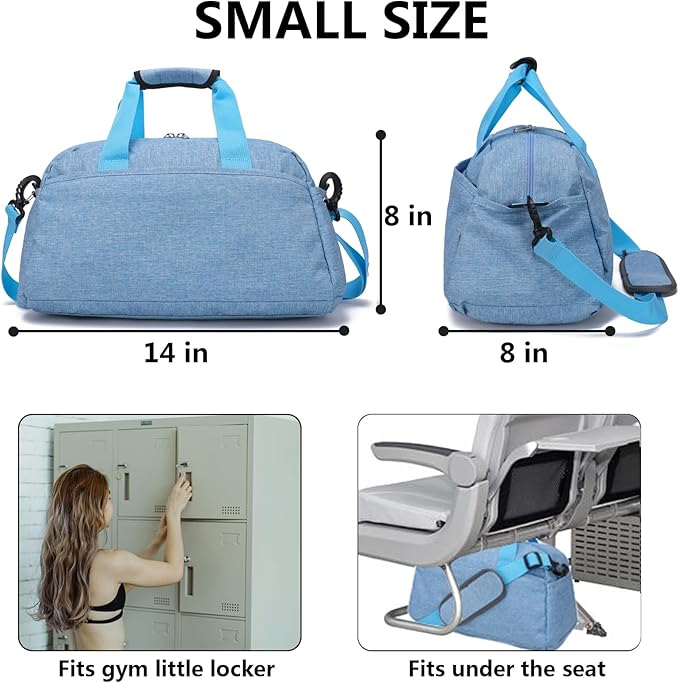 14 inch Small Gym Bag for Women & Men, Mini Duffel Bag for Travel Sports Lightweight Carry On Bag (Light Blue)