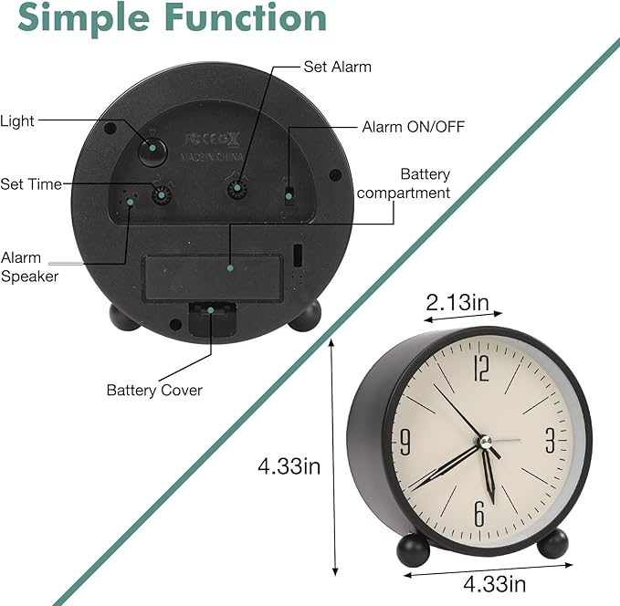 Blusaryme Analog Alarm Clock - 4 Inch Super Silent Non-Ticking, Battery Operated Small Clock with Night Light, Elegant Bedside Desk Clock for Bedroom, Living Room, Office, Student Gift