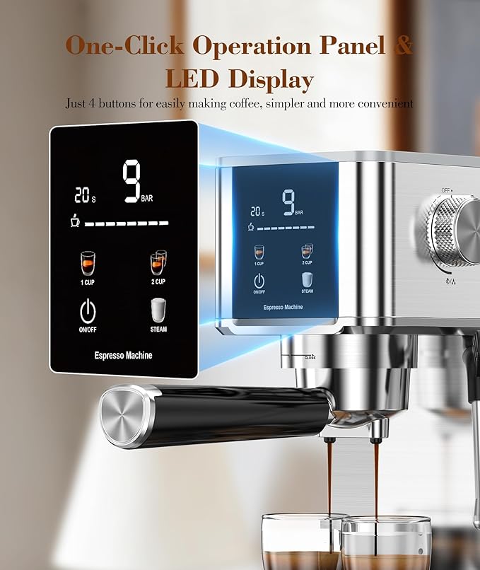 Kndko 20Bar Craft Coffee Machine with Milk Frother, Upgraded 1350W Expresso Coffee Machines with Touchscreen, Stainless Steel Espresso Machine Small for Home - Cappuccino Latte & Americano