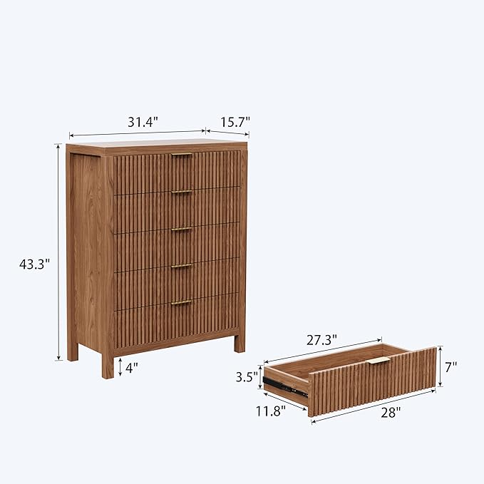 JZXSHD 5 Drawer Dresser, 43" Tall Dresser Organizer TV Drawer Cabinet Modern Wood Storage Cabinet, Modern Wood Storage Cabinet for Bedroom, Hallway, Entryway, Walnut Oak X 2