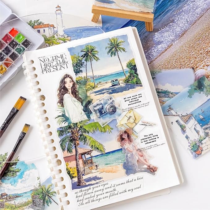 Dwpetzo 90 Pieces Large Seasons Scenery Stickers for Journaling, Watercolor Sylte Transparent PET Stickers for Scrapbooking, Junk Journal Supplies, Collage, Scrap Book, DIY Crafts Arts