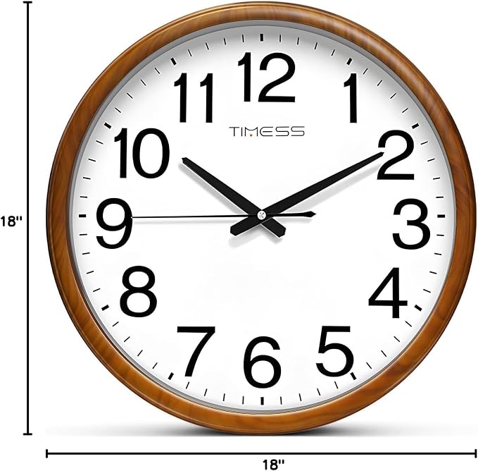 TIMESS Wall Clock, Classic Wood Style Finish, 18 Inch Non-Ticking Silent Battery Operated Analog Clock, Ideal Retro Decor for Home, Bedroom, Living Room, Kitchen, Bathroom, Office(Wood Yellow)