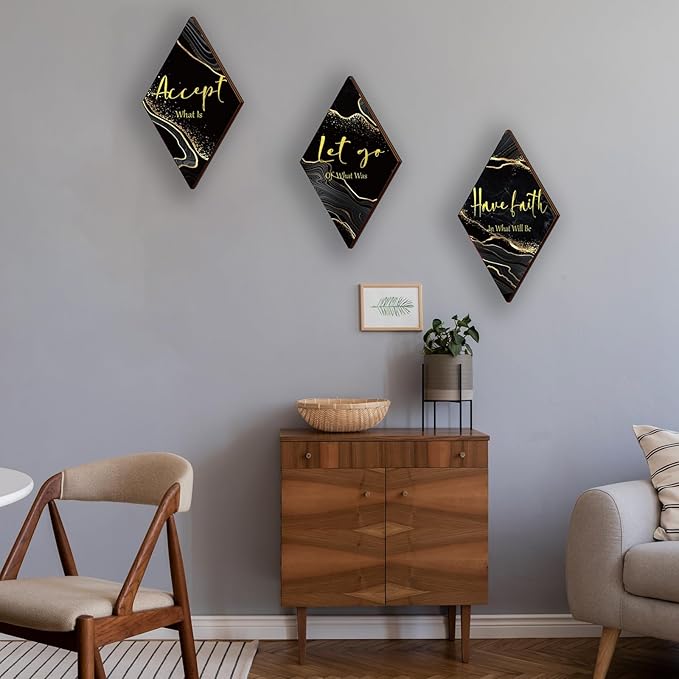 3 Pcs Black And Gold Bathroom Decor Gold Wall Decor with Accept Let Go Have Faith Quote Rustic Vintage Farmhouse Wooden Hanging Signs for Women Home Laundry Living Room Bedroom(Black Gold, 12 x 7Inch)
