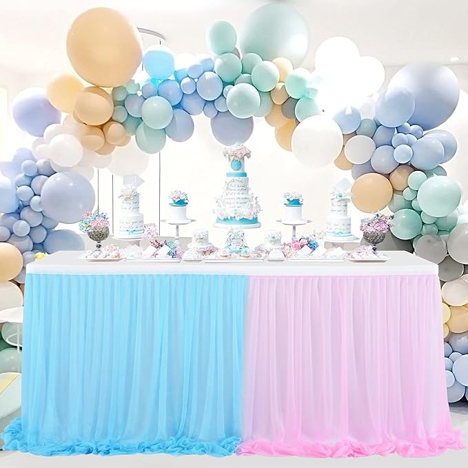 Pink Blue Tulle Table Skirt Gender Reveal Tutu Table Skirts for Baby Shower Girl Boy Birthday Party Cake Dessert Banquet Table Decorations 9ft