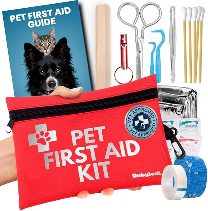 Dog First Aid Kit for Hiking & Travel - Vet Approved Emergency Supplies - Pet First Aid Kit Guide, Tick Remover, Thermal Blanket & More - Compact Dog Hiking Gear for Camping & Backpacking