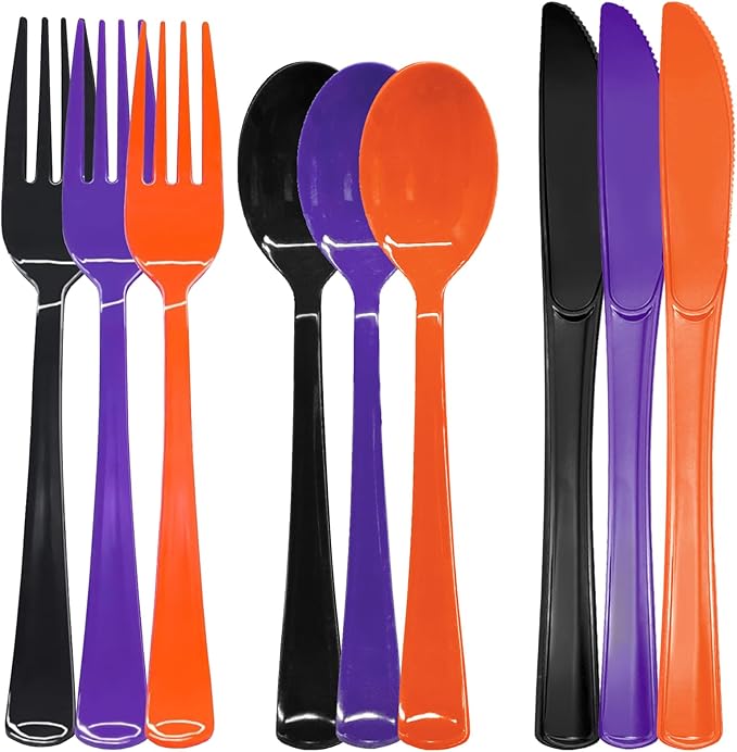 153 Pcs Halloween Plastic Silverware Heavy Duty Disposable Tableware Sets Includes Spoons Forks Knives for Halloween Party Supplies (Black Orange Purple)