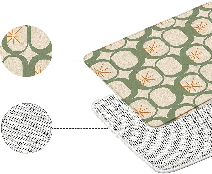 Mid Century Modern Bath Mat Abstract Atomic Geometric Retro 1950s Sage Green Bathroom Kitchen Toilet Rugs,18x48 Inch