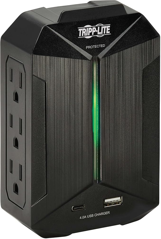Tripp Lite Surge Protector Power Strip 6-Outlets + 1 USB & 1 USB-C Port, Direct Wall Plug-in, Black, Green LED Light, 490 Joules, EMI/RFI Filtering, 20,000 Insurance (SK62USBC)