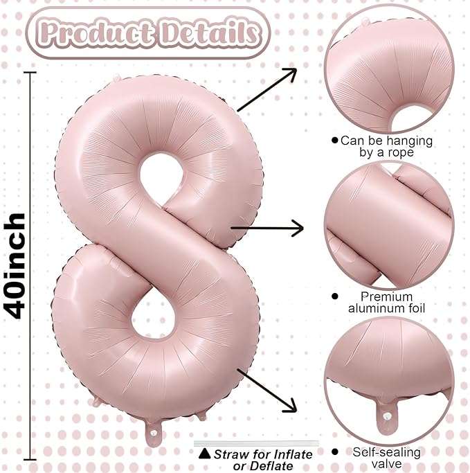 Pastel Pink 8 Balloons, 40" Giant Helium Foil Number Balloon 0-9 Blush Pink Number Balloon 8 for Girls, Self Inflating Digit 8 Balloons for 8th Birthday Women Anniversary Princess Party Decorations
