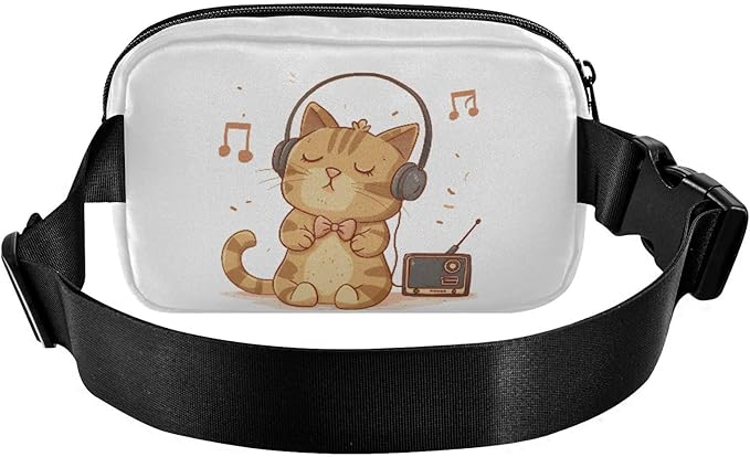Cat Listening To Music with Headphones Fanny Pack for Women Men Water Resistant Fashion Waist Packs with Adjustable Strap Belt Bag for Travel Workout Jogging Hiking 21218991