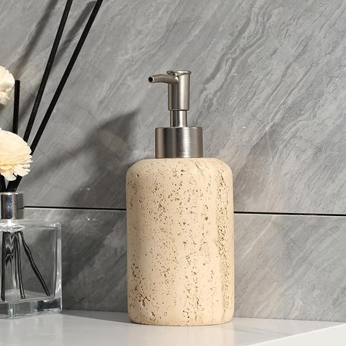 Liquid Soap Dispenser Refillable Stone Soap Dispenser Beige Travertine Liquid Shampoo Bottles Marble Hand Soap Dispenser for Bathroom Kitchen Decor