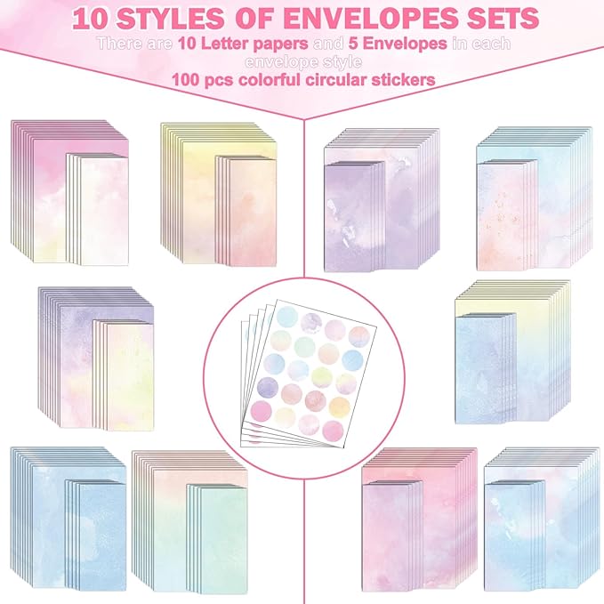 EggSun 250Pcs Watercolor Stationery Paper and Envelope Set with 100 Letterhead Papers and 50 Envelopes, 10 Design for Letter Writing Invitations Computer Holidays Party Notes, 8.5x11 Inch-Aesthetic