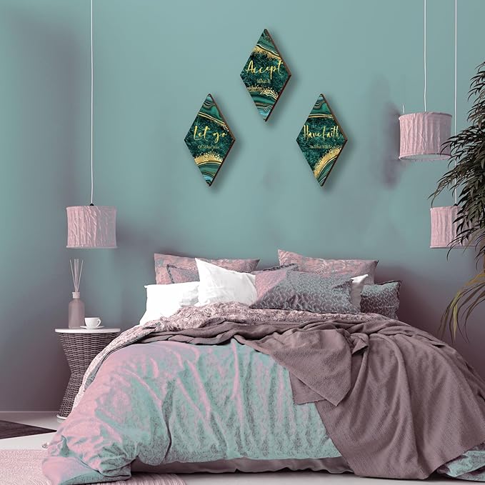 3Pcs Green Gold Bathroom Decor Green Gold Wall Decor with Accept Let Go Have Faith Quote Rustic Vintage Farmhouse Wooden Hanging Signs for Home Laundry Living Bedroom(12x7 inch)