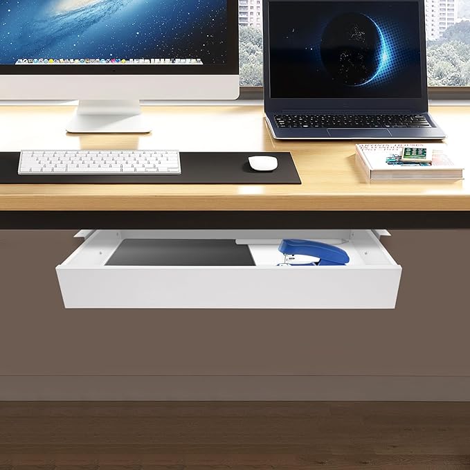 DouSeiAi Under Desk Drawer Slide Out For Office Desk, Storage Organizer For Sit Stand Workstation, 22” x 14” x 3”, White