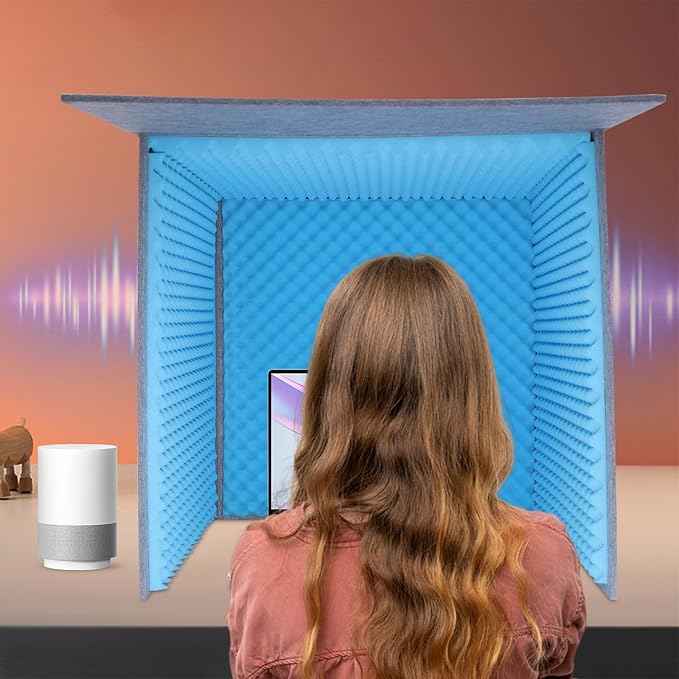Desktop Soundproof Cover, Foldable Vocal sound absorbing shield, Isolation Booth for Voice Recording, Video Conferencing, Live Commentary, Musical Instrument Practice (Blue+Gray)