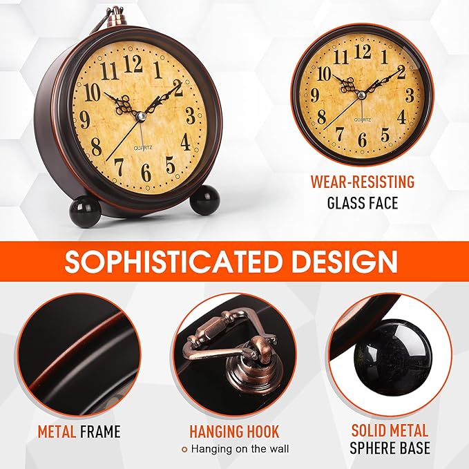 RODH Battery Alarm Clock,Night Light,Vintage Hangable Super Silent Non Ticking Analog Table Clock for Bedroom Bedside, Desk,Shelf