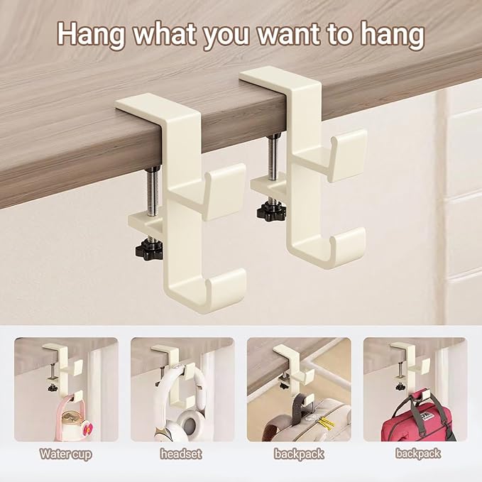 INEDRIMS 2-Pack Headphone Stand & Hook – Under Desk Headset Holder Clamp Mount for Gaming Headphones, Backpacks, Purses, Coats – Space-Saving Desk Accessories (White Dual Hook)