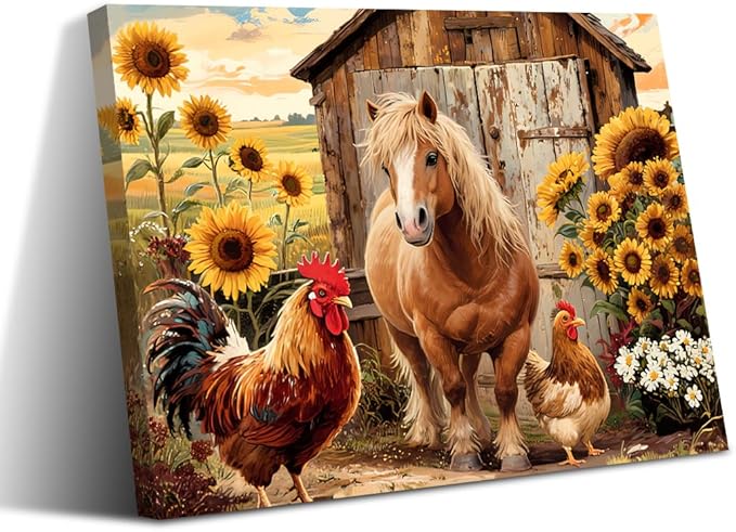 Rustic Farmhouse Horse Wall Art,Vintage Horse Sunflower Canvas Wall Art,Brown Rooster Animals Pictures Wall Decor Framed Artwork for Bedroom Living Room Kitchen Bathroom 12"x16"
