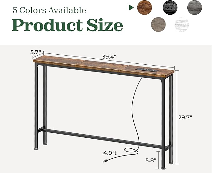 SUPERJARE 5.7 Inch Console Table with Outlet, Sofa Table, Behind Couch Table, 5.7 x 39.4 x 29.7 Inches, Metal Frame, for Living Room, Hallway, Rustic Brown