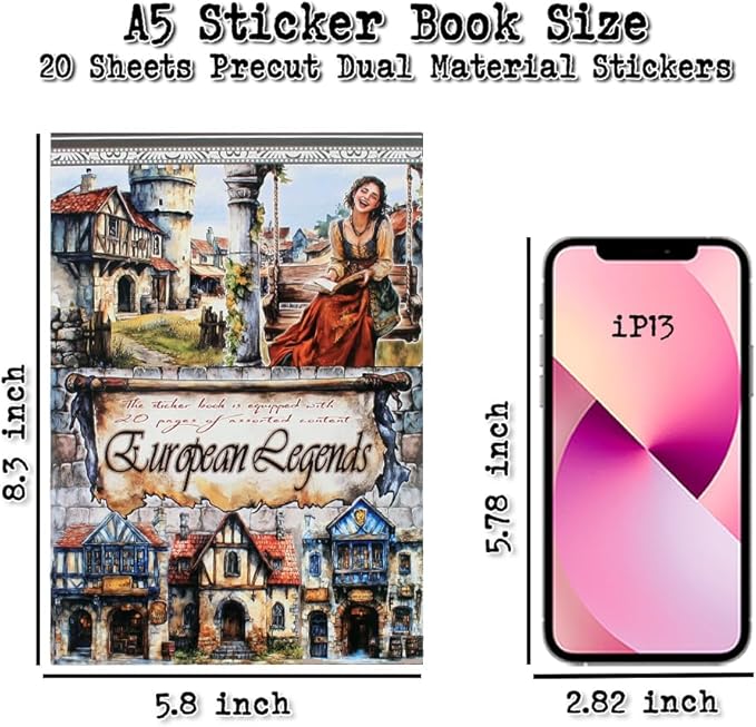 Dwpetzo Medieval European Theme Precut Journaling Sticker Book, Vintage Collage Stickers Ephemera for Junk Journals Supplies, Scrapbooking, Scrap Book, Assorted PET Washi Paper Materials, 20 Sheets