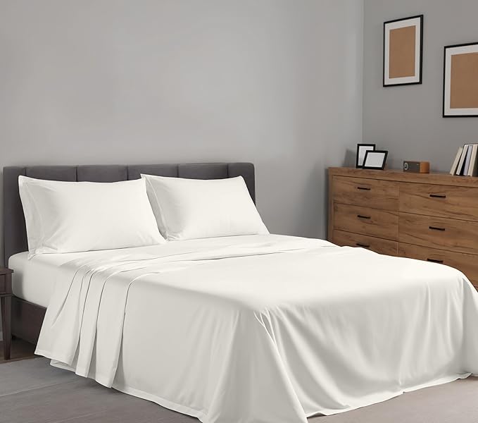 RUVANTI 100% Cotton Twin Sheets Set, 3 Pieces, Soft & Breathable Percale Weave Bedding, Deep Pocket 16", Hotel Standard, Crisp Cool Feel, Durable, Perfect Dyed Bed Sheet, Ivory