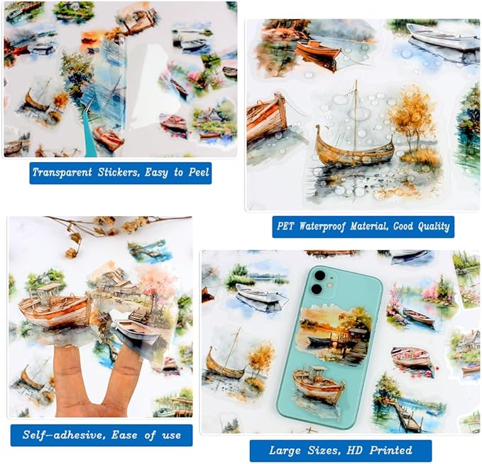 Dwpetzo Vintage Lake Boat Scenery Scrapbook Stickers Set, 120 Pieces Decorative Transparent PET Stickers for Journaling, Junk Journal Supplies, Collage, Scrap Book, Bujo